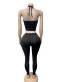 Women’s Sexy Strap Vest Hollow-Out Side Lace-Up Tight-Fitting Pants Two-Piece Set