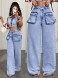 Women’s Trendy Multi Pocket Loose Straight Leg High Waist Denim Pants