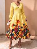 Plus Size Women’s Chic Elegant V Neck Printed Long Sleeve Slim Waist A Line Dress