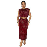 Women’s Polka Dot Sleeveless Round Neck Top Slim Waist Bodycon Skirt Two Piece Set