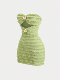 Women’s Strapless Textured Ruched Bodycon Night Mini Dress with Gold Floral Embellishment