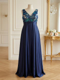 Plus Size Women’s Elegant V Neck Sequin Embroidered Satin Formal Party Long Dress