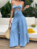 Summer Women’s Bow Strap Elastic Waist Wide Leg Denim Jumpsuit