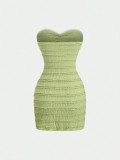 Women’s Strapless Textured Ruched Bodycon Night Mini Dress with Gold Floral Embellishment