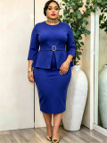 Plus Size Women Royal Blue Fake Two-Piece 3/4 Sleeve Ruffled Bodycon Dress