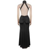 Women Sexy High Neck Backless Ruched Mermaid Maxi Dress