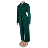 Women Elegant Pearl Long Sleeve Blazer and Pant Two Piece Set