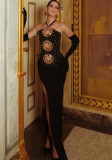 Women Halter Neck Hollow Sexy Beaded Bandage Maxi Dress