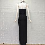 Women Halter Neck Hollow Sexy Beaded Bandage Maxi Dress