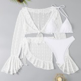Women Mesh Long Sleeve Cover Up Bikini Four Piece Swimsuit Set