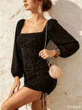 Women One Shoulder Long Sleeve Sexy Black Bodycon Dress
