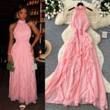 Women French Halter Neck Sleeveless Summer Ruffled Holidays Maxi Dress
