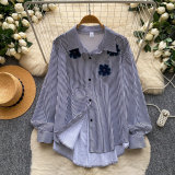 Women Striped Floral Embroidery Long Sleeve Blouse Top