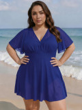 Plus Size Women Mesh Flutter Sleeve V-Neck Holidays Swimsuit