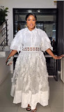 Women French Rhinestone Turndown Collar Lantern Sleeve Mesh Tassel Patchwork Dress