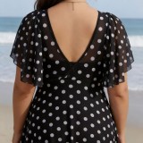 Plus Size Women Mesh Flutter Sleeve V-Neck Holidays Swimsuit
