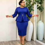 Plus Size Women Royal Blue Fake Two-Piece 3/4 Sleeve Ruffled Bodycon Dress