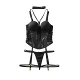 Women See-Through Mesh Patchwork Pu-Leather Two Piece Lingerie Set