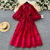 Women French Rhinestone Turndown Collar Lantern Sleeve Mesh Tassel Patchwork Dress