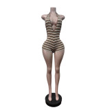 Women Halter Neck Striped V Neck Ribbed Romper