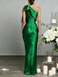 Elegant Dark Blue Satin One Shoulder Split Formal Party Evening Dress