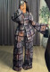 Plus Size Women Gradient Print Turndown Collar Bell Sleeve Top and Pant Two Piece Set