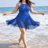 Plus Size Women Halter Neck Backless Mesh Skirt Holidays One Piece Swimsuit