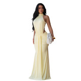 Women Sexy High Neck Backless Ruched Mermaid Maxi Dress