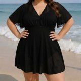 Plus Size Women Mesh Flutter Sleeve V-Neck Holidays Swimsuit
