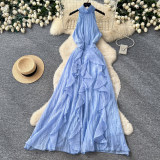 Women French Halter Neck Sleeveless Summer Ruffled Holidays Maxi Dress