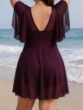 Plus Size Women Mesh Flutter Sleeve V-Neck Holidays Swimsuit