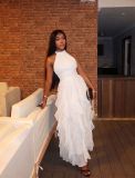 Women French Halter Neck Sleeveless Summer Ruffled Holidays Maxi Dress