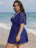 Plus Size Women Mesh Flutter Sleeve V-Neck Holidays Swimsuit