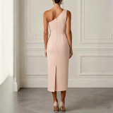 Women One Shoulder Pink Floral Side Slit Dress