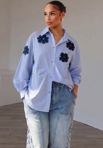 Women Striped Floral Embroidery Long Sleeve Blouse Top