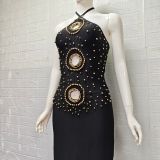 Women Halter Neck Hollow Sexy Beaded Bandage Maxi Dress