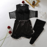 Women See-Through Mesh Bodysuit Patchwork Lace Stockings Lingerie Set