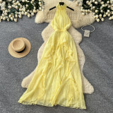 Women French Halter Neck Sleeveless Summer Ruffled Holidays Maxi Dress