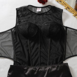 Women See-Through Mesh Bodysuit Patchwork Lace Stockings Lingerie Set