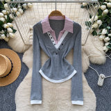 Women Color Block Polo Collar Fake Two-Piece Long Sleeve Top
