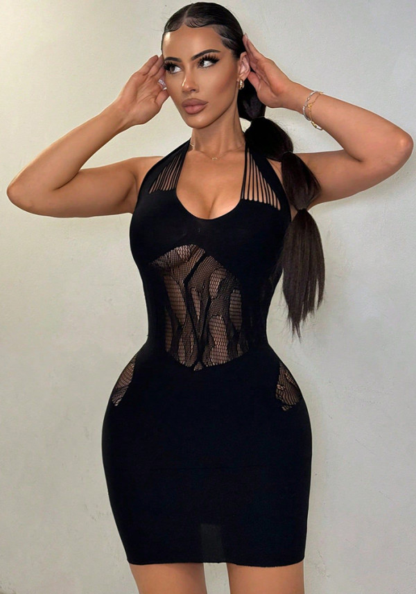 Women Summer Halter Neck Sleeveless See-Through Hollow Sexy Bodycon Dress