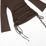 Women Autumn Casual Long Sleeve Ruched Drawstring Bodycon Dress