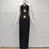 Women Halter Neck Hollow Sexy Beaded Bandage Maxi Dress