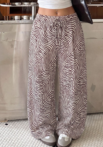 Women Autumn Striped Tie Printed Trousers
