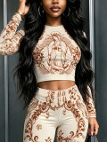 Women Long Sleeve Printed Crop Top and Bell Bottom Pant Two Piece Set