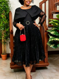 Plus Size Women Black Patchwork Lace Long Sleeve Ruffled Collar Pleated Formal Party Dress