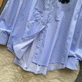 Women Striped Floral Embroidery Long Sleeve Blouse Top