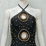 Women Halter Neck Hollow Sexy Beaded Bandage Maxi Dress