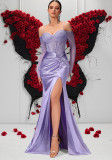 Women Off Shoulder Beaded Mesh Long Sleeve High Slit Mermaid Evening Dress