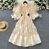 Women French Rhinestone Turndown Collar Lantern Sleeve Mesh Tassel Patchwork Dress
